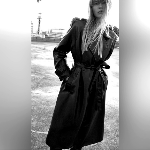 Fabulous Zara Trench Coat UK M Black faux leather city KS002 main image 0
